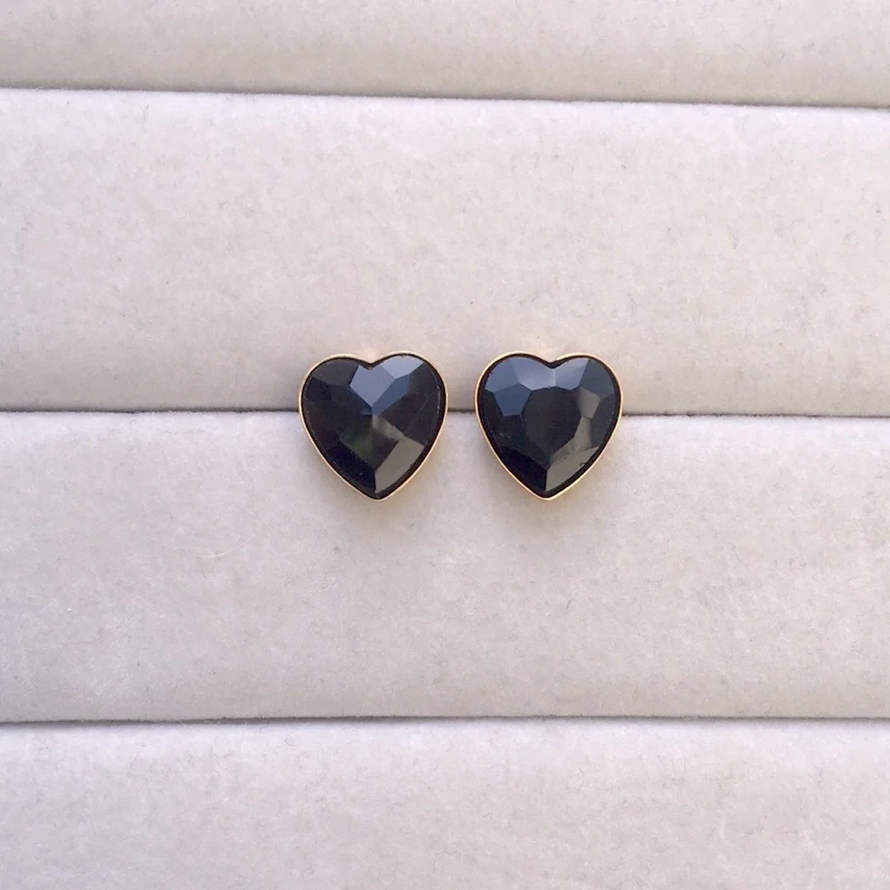 Onyx Jet Black + Gold Crystal Heart Earrings